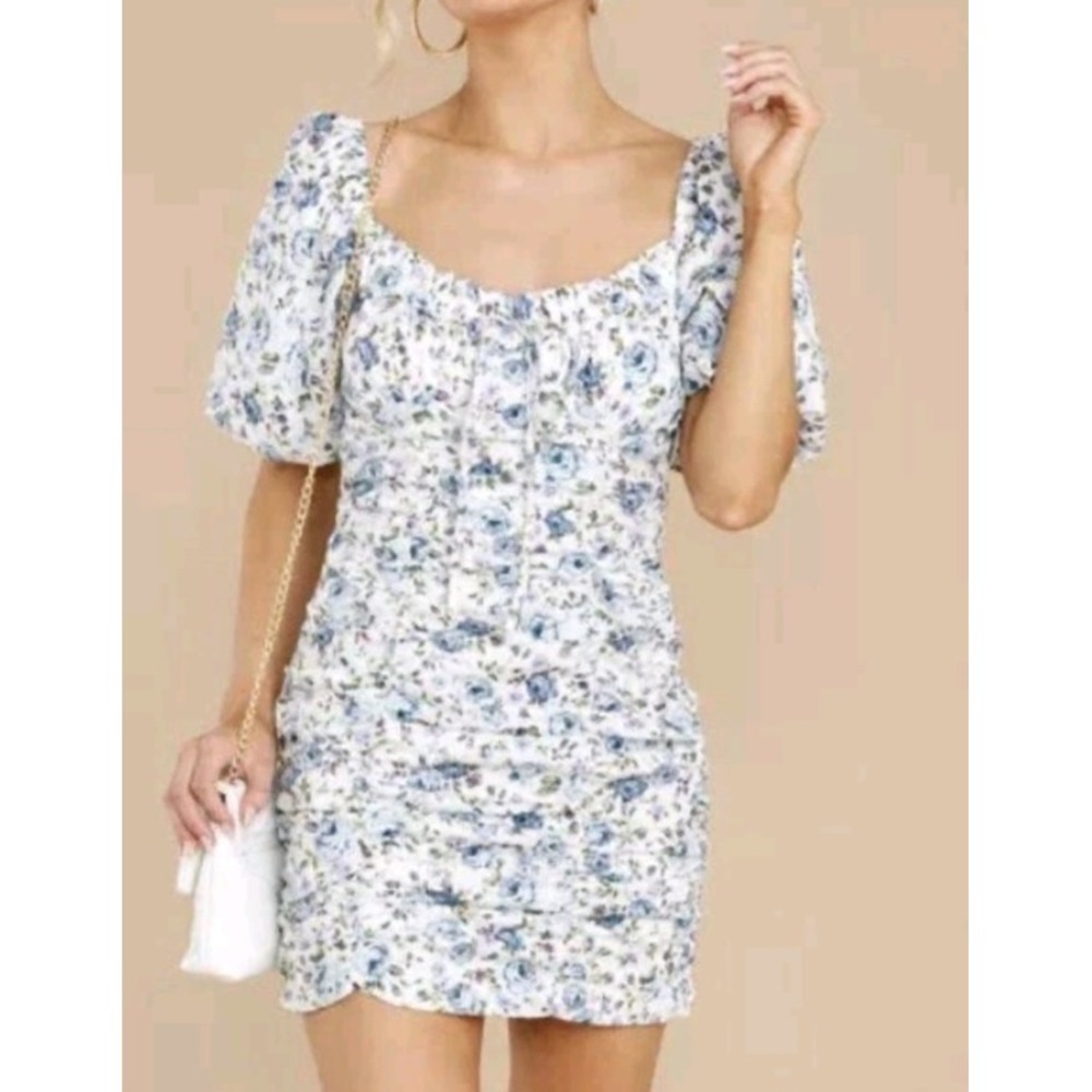 Mable Floral Ruched Mini Dress Blue White Puff Sleeve Cottagecore Sz L *Flaws